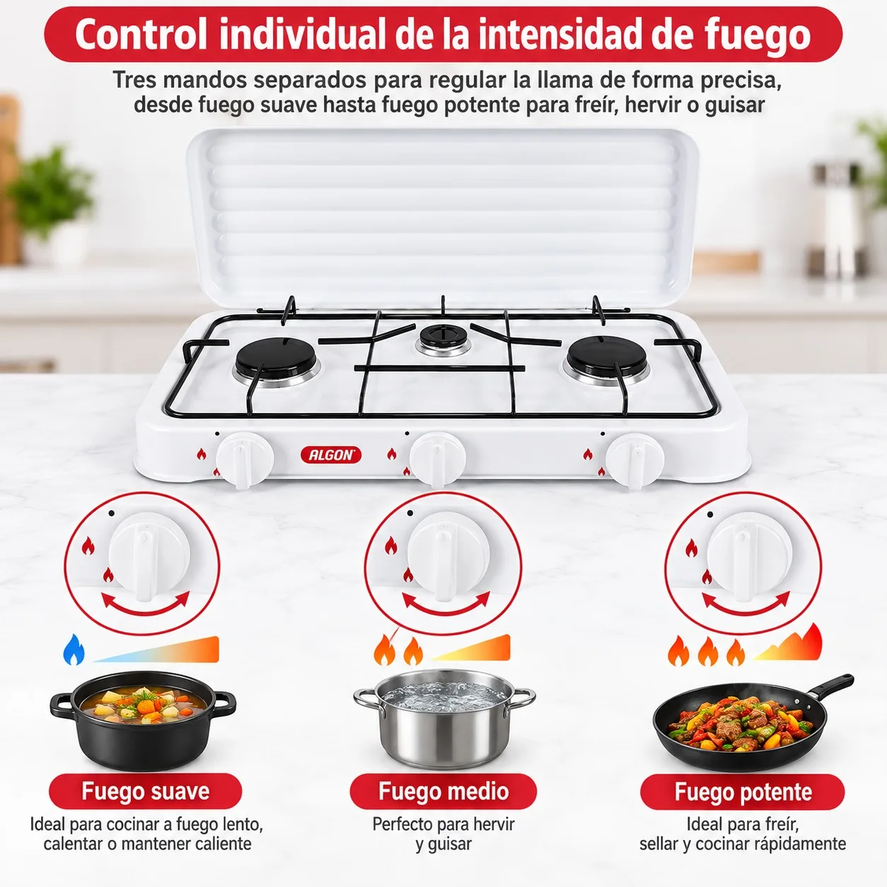 Estufa de Gas Portátil con 3 Quemadores Independientes y Tapa Protectora, Cocina de Metal Blanca para Camping, Jardín y Emergencias, Hornillo Multiusos con Rejillas de Alta Resistencia
