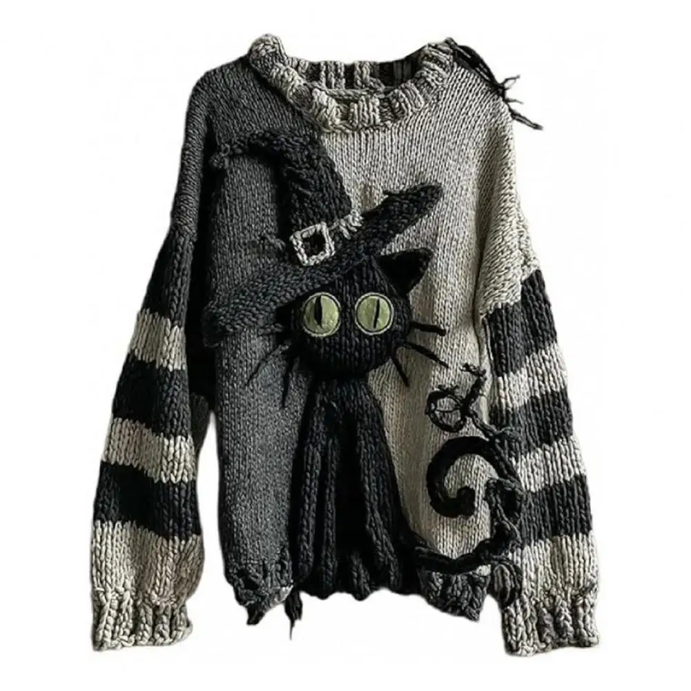 Women Polyester Sweater Comfortable Women Hoodie Spooky Face Halloween Sweaters for Women Patchwork Print Knit Top Crewneck