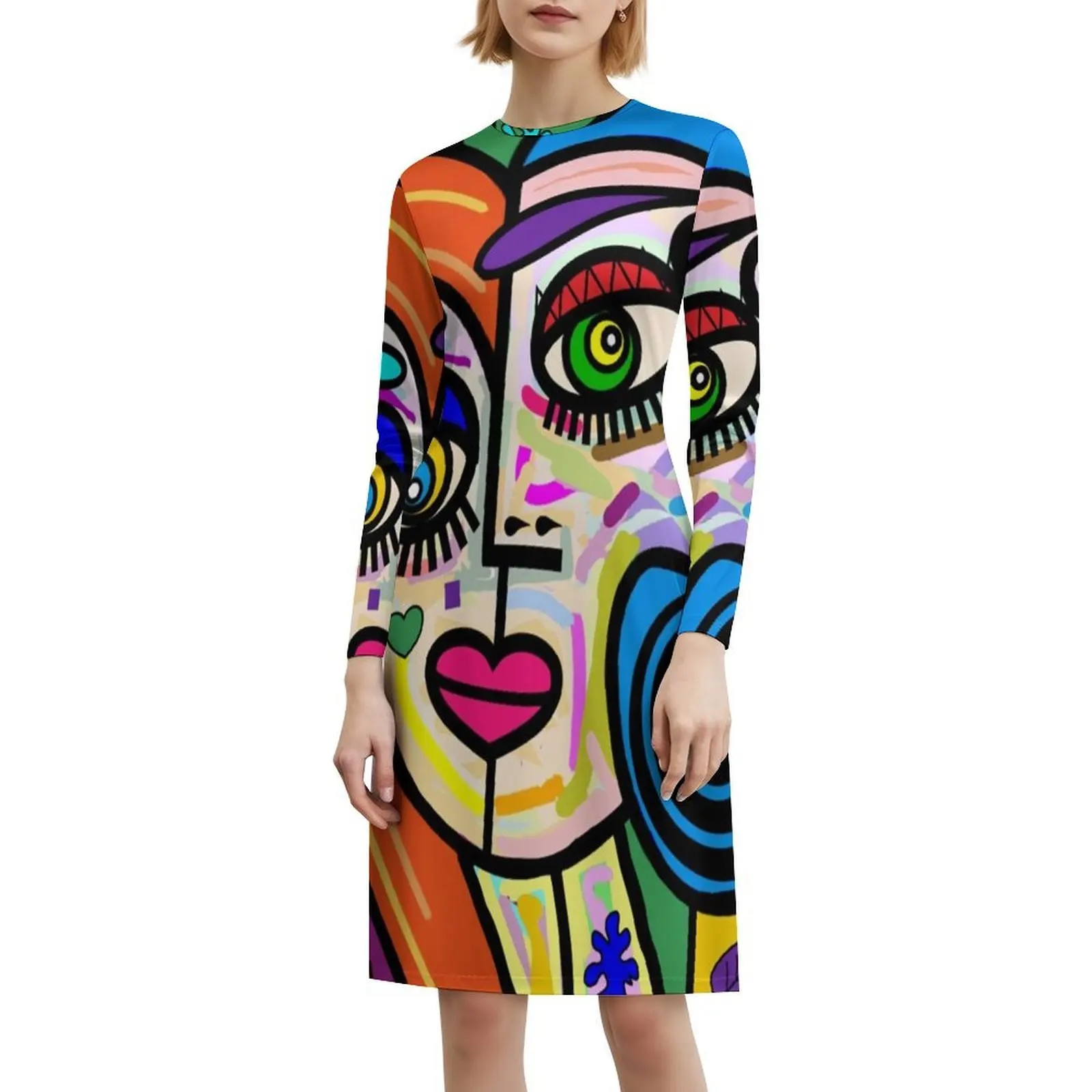 Funky senhoras rosto abstrato no 2 vestido blusa floral para mulheres primavera verão vestido casual para festa multicolorido picasso abstrato