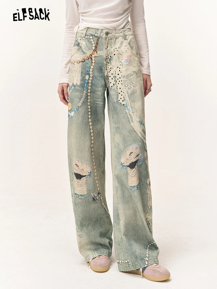 

Light Blue Jeans Women's Spring Early Wide Leg Pants Slimming Knife Casual Style Natural Waist Cotton Fabric