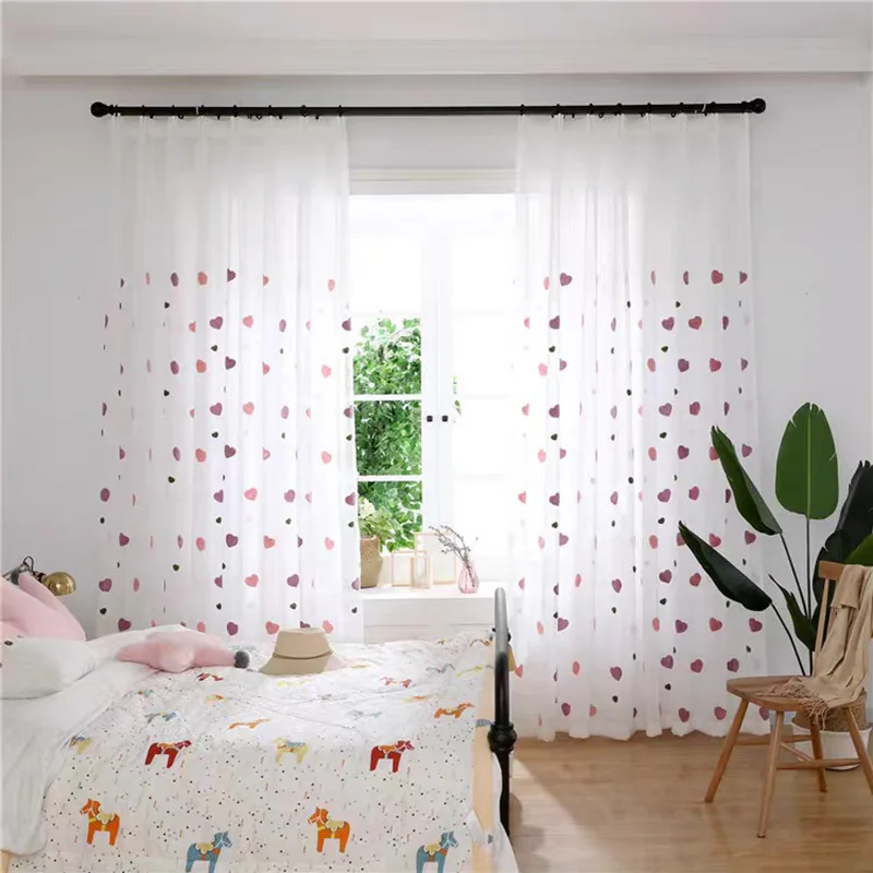 Lovely Cartoon 3D Pink Heart Embroidery Tulle For Girl Bedroom Cute Lovely Sheer Curtains For Children Living Room Custom Drapes