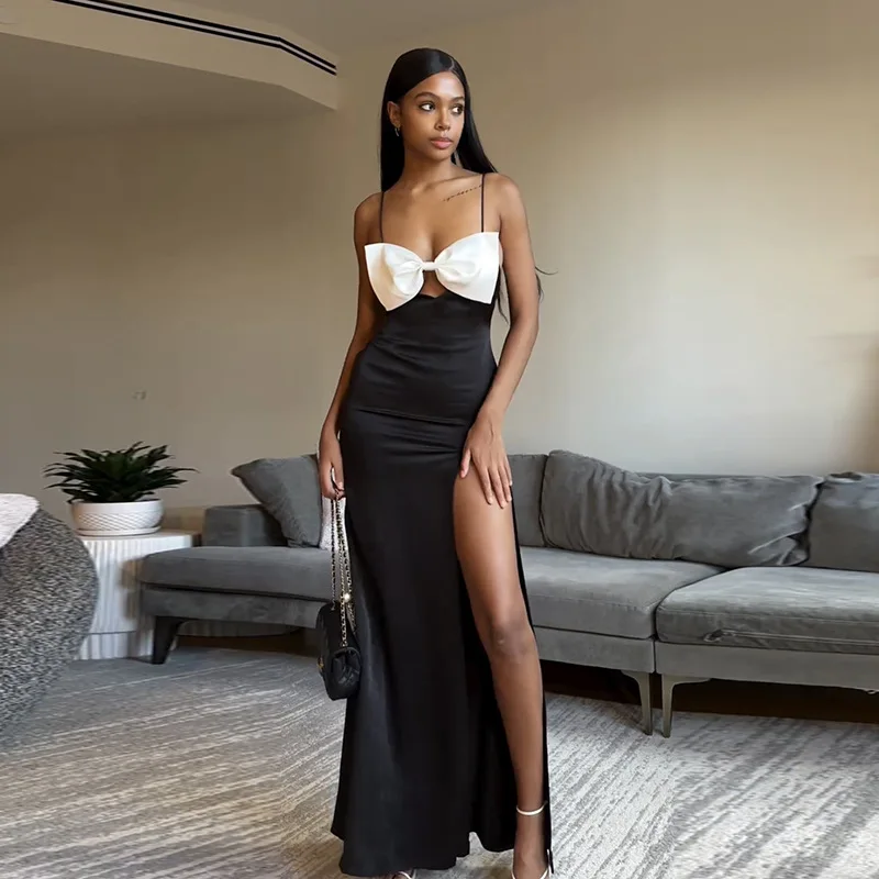 Schwarz weiß Bogen Frauen Ballkleid Slim Fit lange Maxi Abendkleid Seite geteilt ärmellose heiße Mädchen Strand Straße tragen Rock Roben