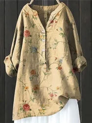 2024 Women's Autumn Winter New Fashion Printed Button Up Shirt Long Sleeved Bamboo Linen Casual Comfortable Top