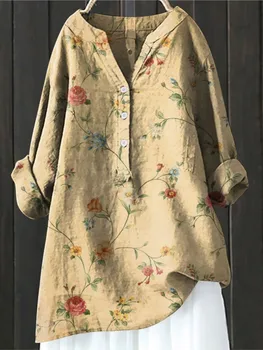 2024 נשים סתיו חורף אופנה חדשה מודפס כפתור למעלה החולצה במבוק מזדמנים