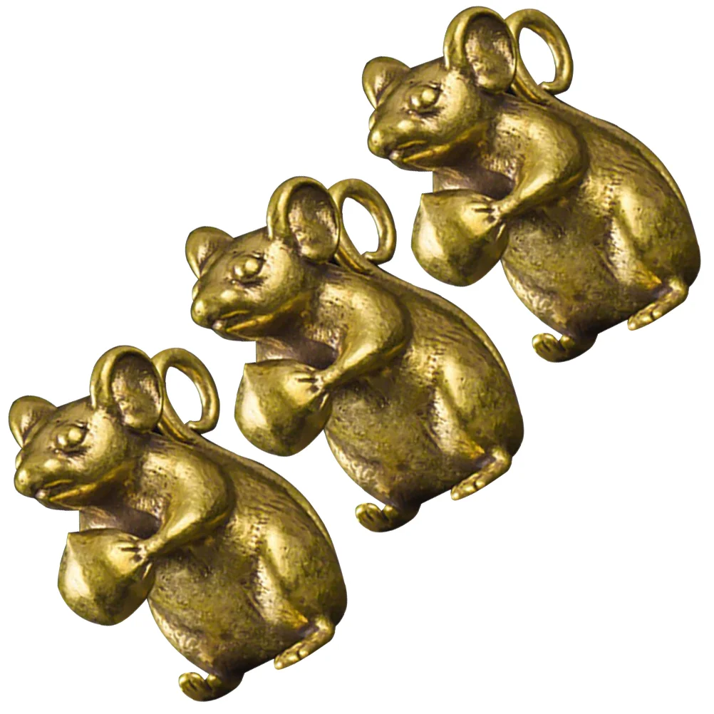 3 Pcs Brass Mouse Keychain Animal Vintage Rats Statue Desktop Decor Figurine Retro Decoration Tabletop Adornment Craft Ornament