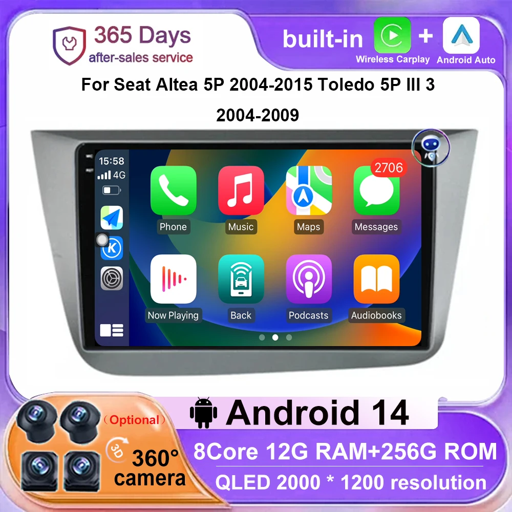 

Автомобильный Wi-Fi 4G Android 14 Carplay для Seat Altea 5P 2004-2015 Toledo 5P III 3 2004-2009 RHD видеоплеер навигация автомобильное радио GPS