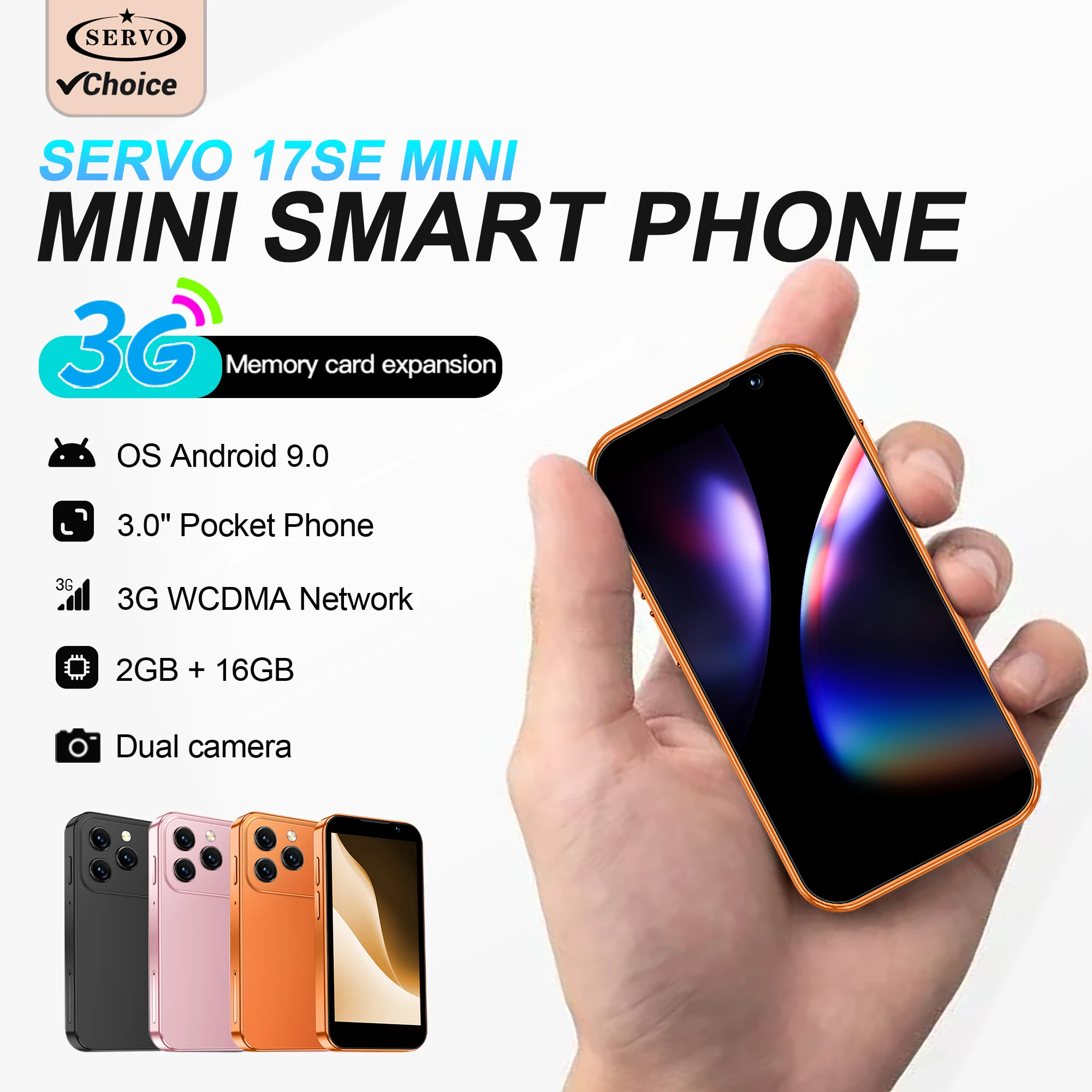 2026 SERVO 3G Super Mini Smartphone Android 9.0 OS 2GB+16GB WiFi Hotspot Play Store Face ID 3.0'' Pocket Smart Phone 2SIM Standby