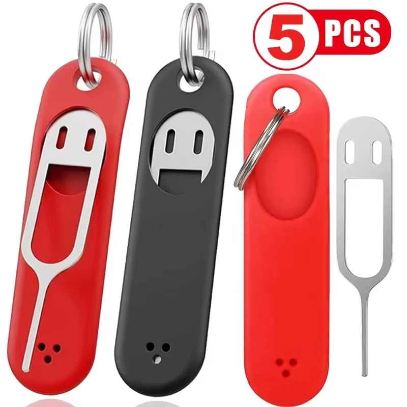 1-5Pcs Silicone SIM Card Pin Keychain Phone ID Card Tray Pins Anti-lost Keychains Stainless Steel Removal Needle Thimble Keyring