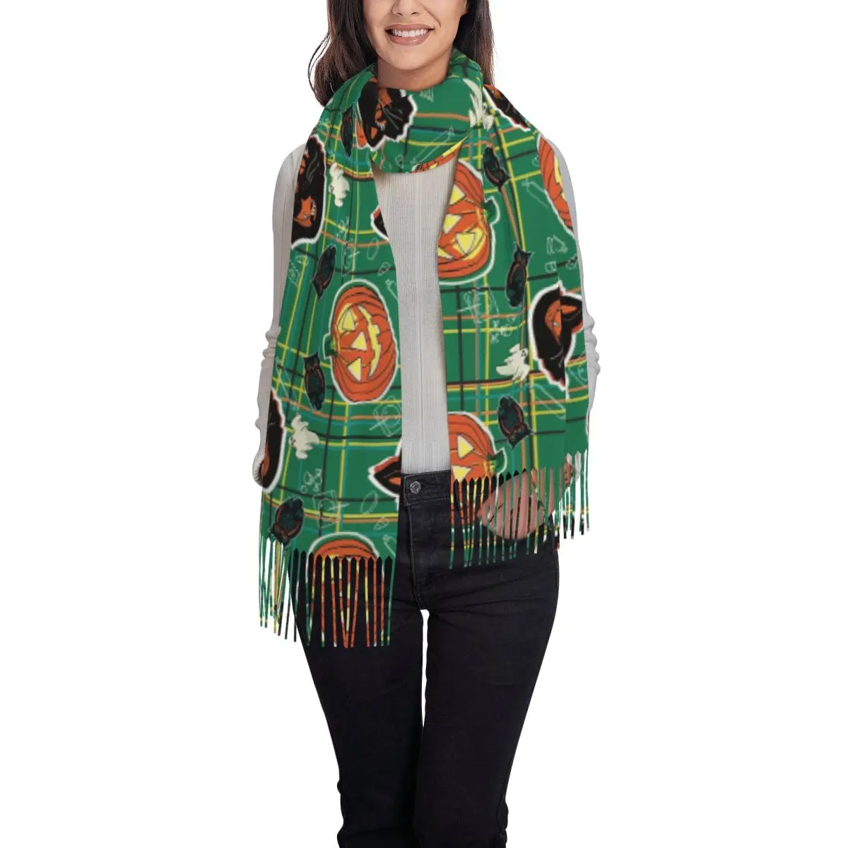 Halloween Black Cat And Pumpkin Pattern Scarf Tassel Scarves for Women Soft Warm Shawls and Wraps Long Fall Winter Shawl Wrap