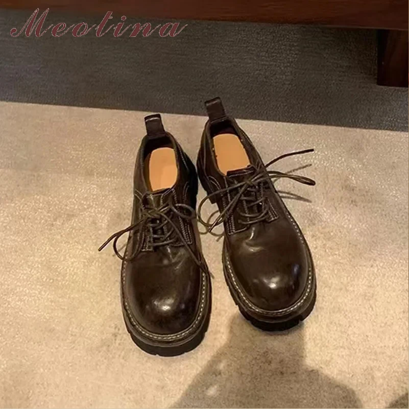 Meotina Women Loafers Round Toe Platform Lace-up Flats Concise Brand Design Ladies Fashion Shoes Spring Autumn Black Coffee 40