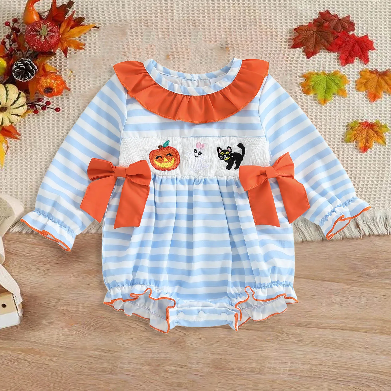 

Baby Girl Long Sleeve Romper Comfortable Soft Fashion Cute Halloween Cartoon Printed Striped Bodysuit Infant Toddler Clothing