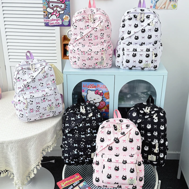 Sweet Bow Cartoon Animal Pattern Girl Backpack Nylon Large Capacity Diagonal Zipper Student Double Backpack Campus Outdoor