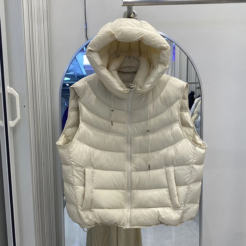 Autumn Winter Hooded Pork Rib Style Down Vest Female Puff Fluffy Sleeveless Loose Waistcoat Women White Duck Down Warm Thick Ves