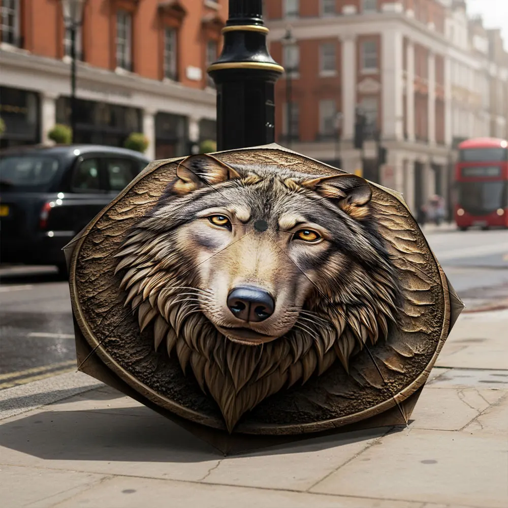 1P C A wolf-themed umbrella in front of a majestic building Print 8 Iron Ribs Folding Umbrella Auto-Open Fashion Sunshade