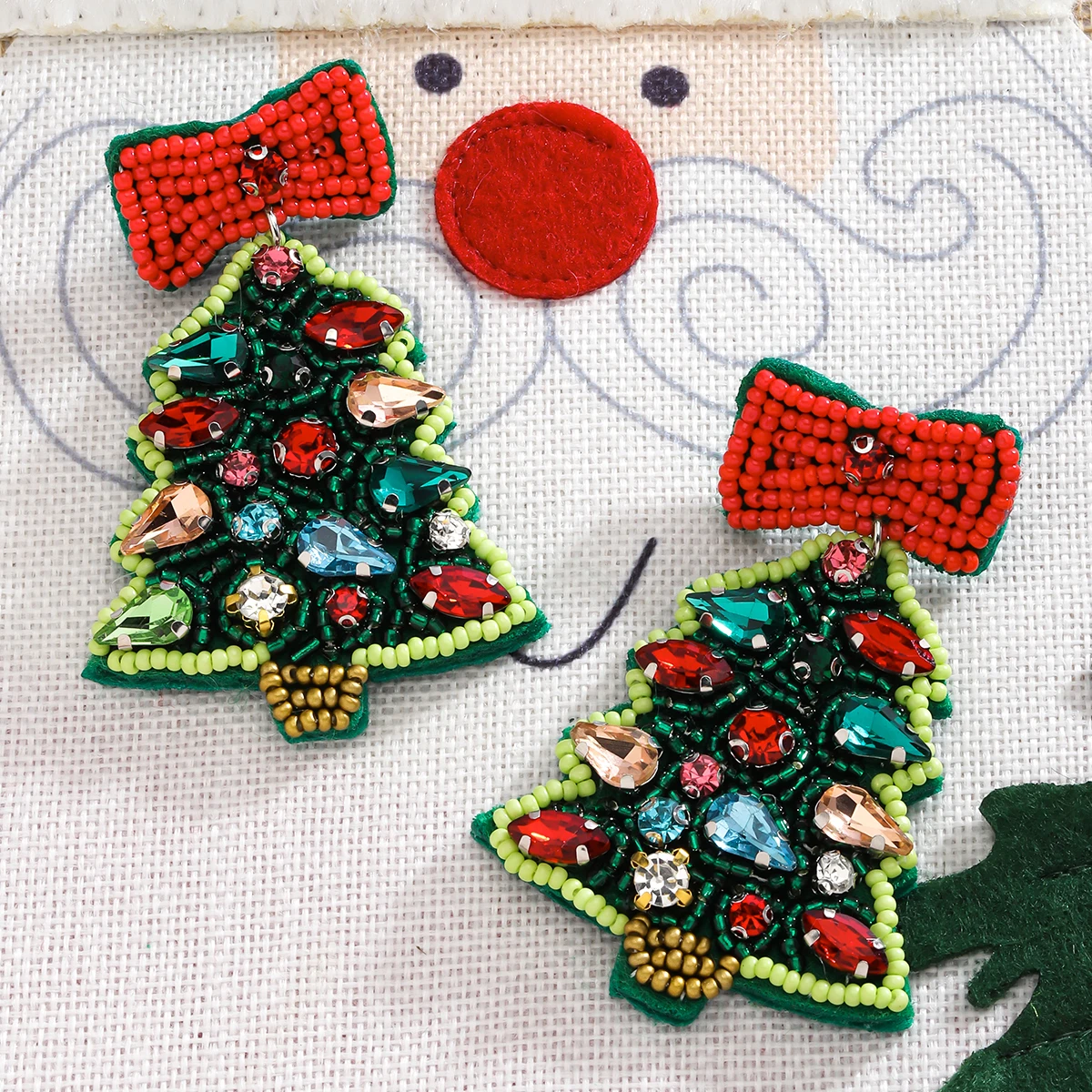 Christmas Handmade String of Beads Rhinestone Drop Earrings Christmas tree Earrings Suitable for Christmas Earrings for Women