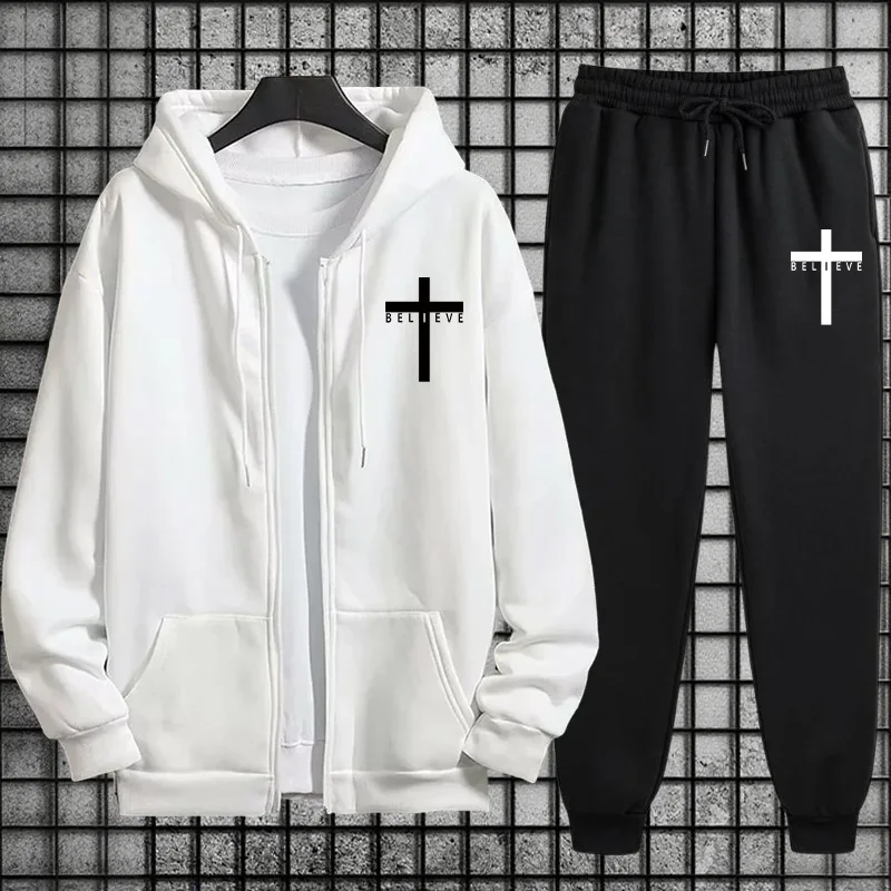 Cross of Christ Mens Hip Hop Tracksuit Set 2026 New 2 Piece Outfit Zipper Hoodie Joggers Urban Streetwear Autumn Winter Fashion