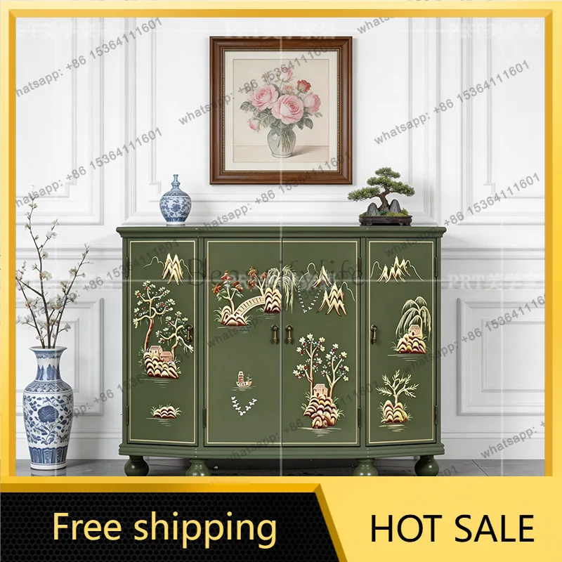 Zj. American rural painted landscape solid wood four-door cabinet, retro and old entrance cabinet