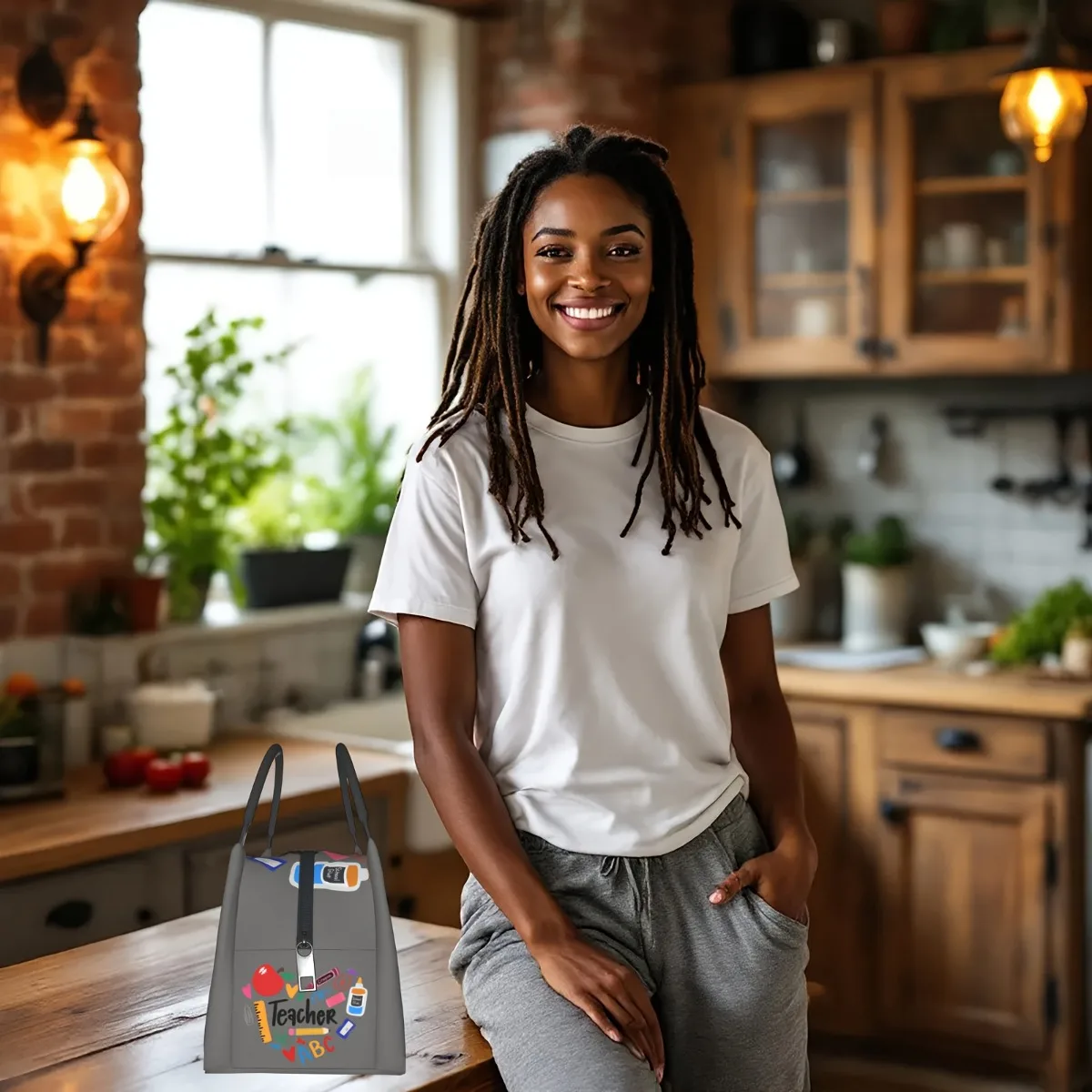Stylish Teacher-Themed Insulated Lunch Bag - Durable Canvas Tote With Colorful School Prints,for School, Office, Travel, Picnics