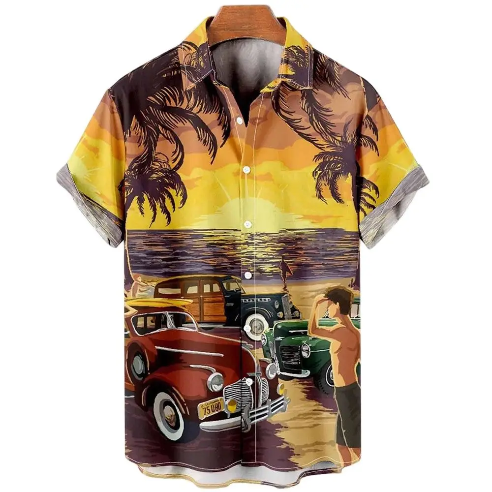 Seaside Holiday Take Men\'s Short Sleeve Collar Shirt New Handsome Loose Sand Beach Of Hawaii Big Yards Camisa Floral Casual