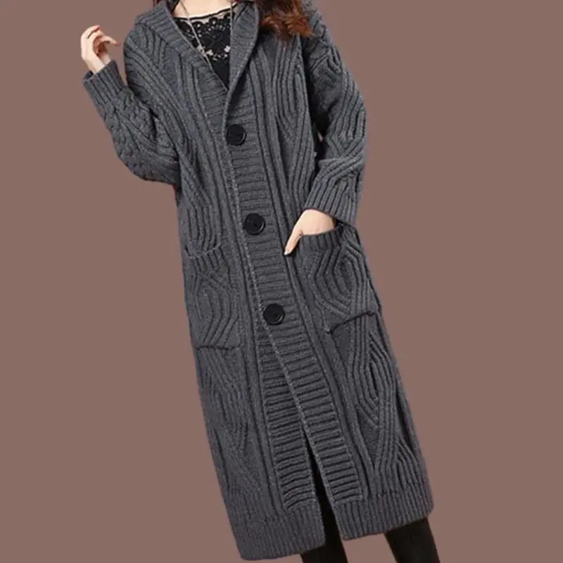 2024 Winter Large Size Hooded Mid-long Knitted Cardigan Thick Sweater Coat Solid Color Loose Over The Knee Women\'s Wear Clothing