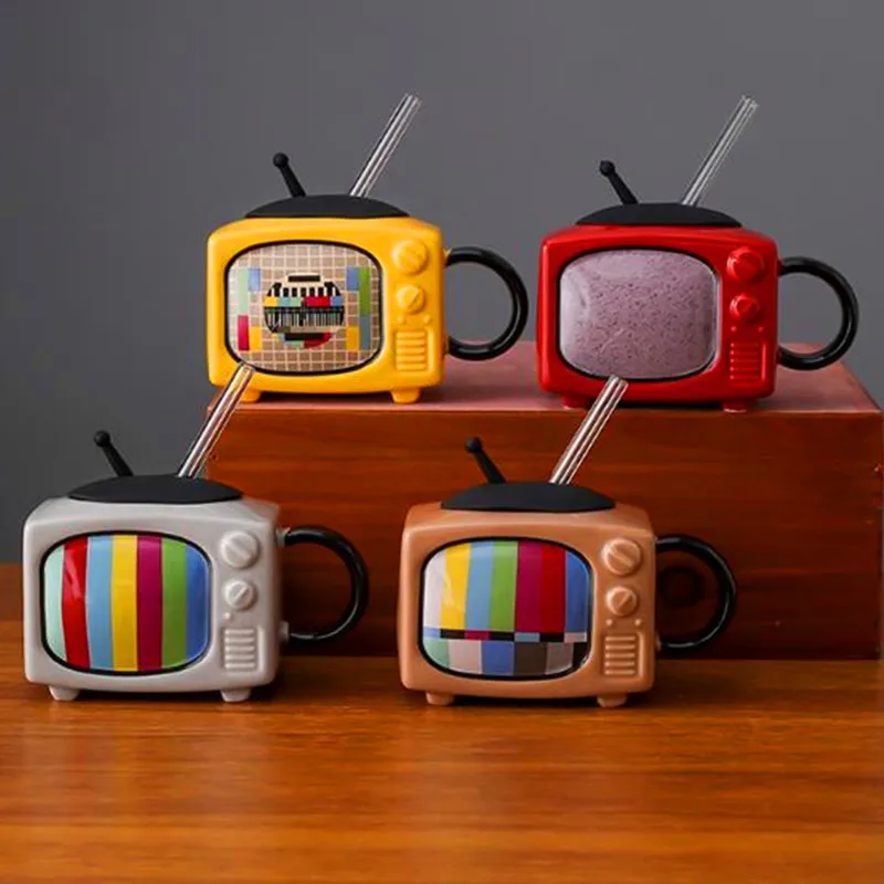 Creative 3D Television TV Shape Milk Beer Mugs with Cover Household Cup Exquisite Drinking Drinkware Ceramic Coffee Mugs Retro