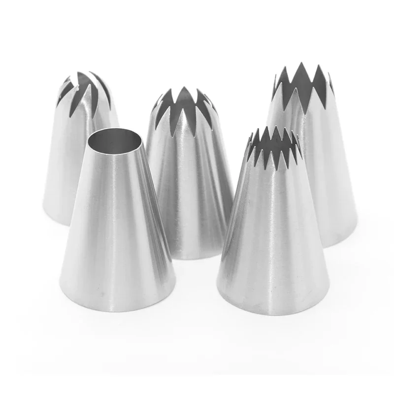 1/5pcs Extra Large Piping Nozzles Set, Stainless Steel Icing Nozzles, Cream Cake Piping Tips For Dessert Biscuit Cup Cake Tools