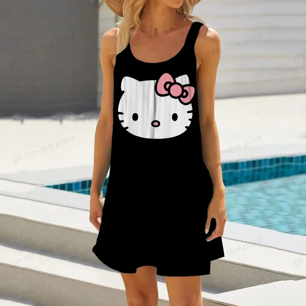 Summer New Hello Kitty Print Women's Vest Dress Casual O-Neck A-Line Mini Dress Loose Sweet Hawaii Vacation Beach Sundress