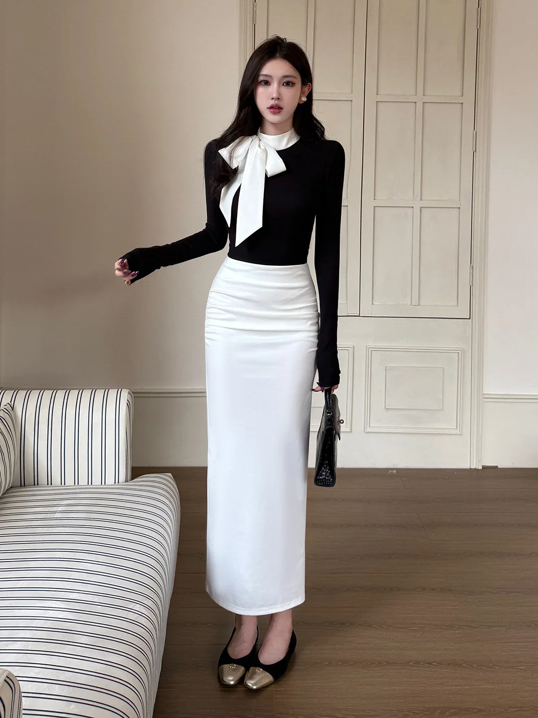 

French Elegant Office Lady 2 Piece Set Skirt Women Black O-neck Bow Top White Back Slit Bodycon Pencil Skirt Chic Commute Suits