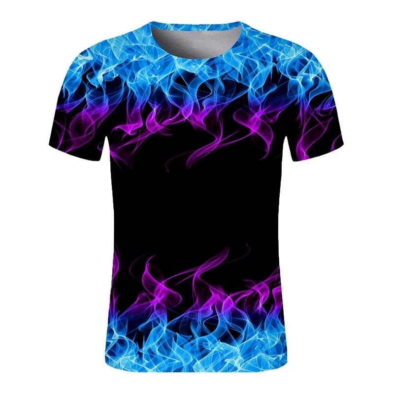 Fashion Men's T-shirt Blue Purple Flame 3d Print T-shirts For Men Women Fashion Short Sleeve Streetwear Kids Hip Hop Summer Tops