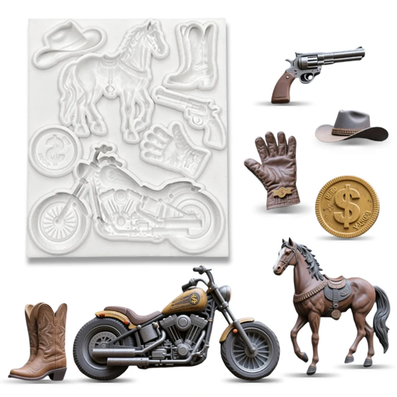 Western cowboy left wheel silicone mold gloves, motorcycle leather boots, horse coin shape DIY handmade chocolate candy molds