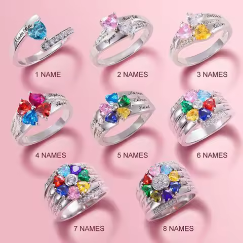 MaiLun Personalized Kids Names Ring With Birthstone Silver plated color Ring Mothers Day Jewelry Gift