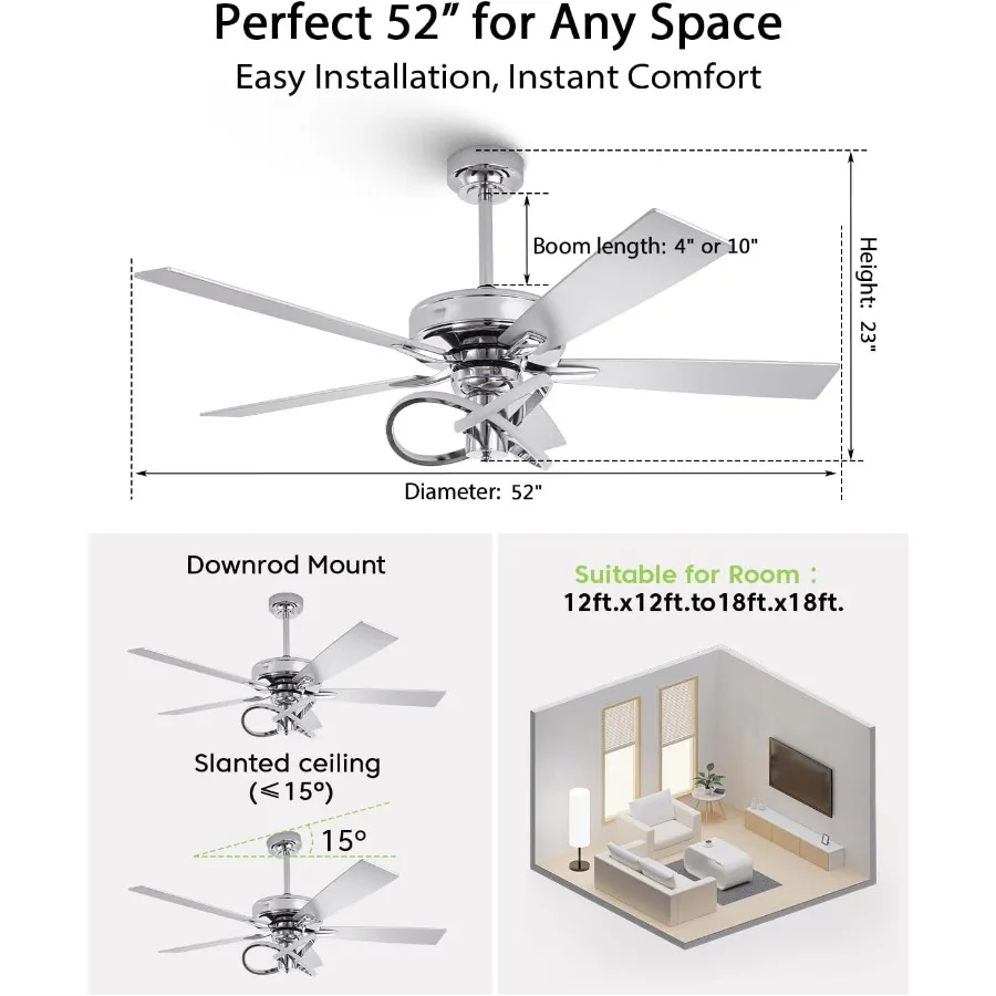 52 Inch Ceiling Fans with Lights for Indoor Outdoor Use Creative Modern Silver Design with Remote Control 3 Color Temperature S