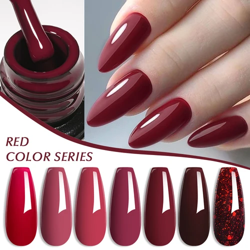 Imagen 2 del producto Esmalte de uñas de Gel rojo vino, 7ML, brillo rojo navideño, barniz semipermanente, suministros para uñas, esmalte de Gel para decoración de uñas LED UV DIY
