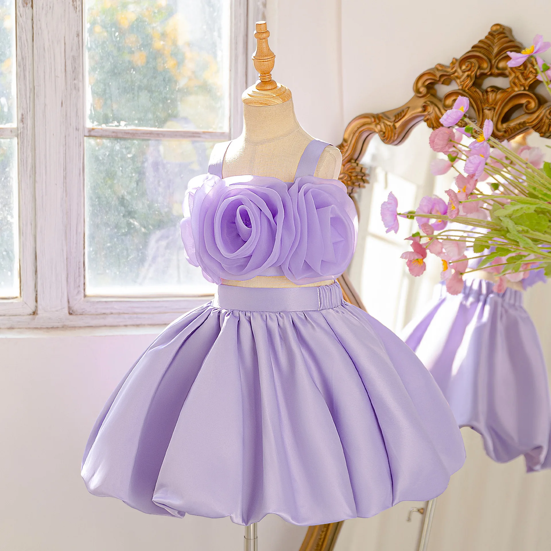 3D Flower Two Pieces Childrens Flower Dress Birthday Princess Dress Baptism Party Wedding Prom Girl Pageant Bridesmaids Evening