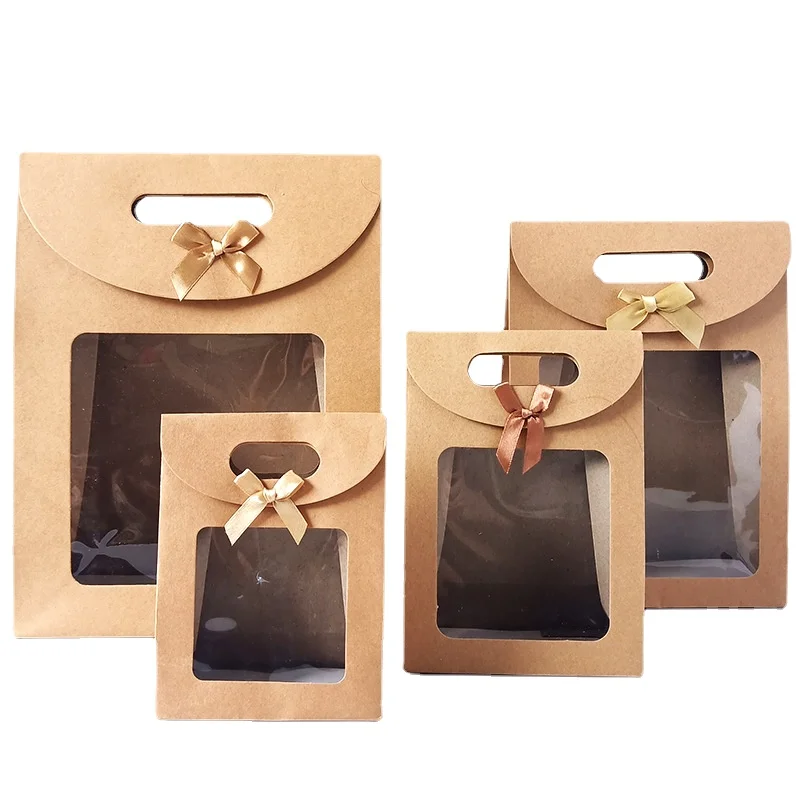 12/24/48pcs Kraft Paper Flip Open Window Tote Bag with Ribbon Bow Wedding Birthday Party Gift Packaging Handbag Cookie Candy Bag