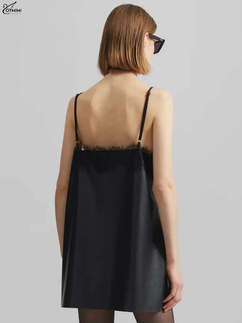 Oymimi élégant noir Pu robes en cuir 2025 femme mode Spaghetti sangle dentelle dos ouvert robes décontracté droite Mini robe