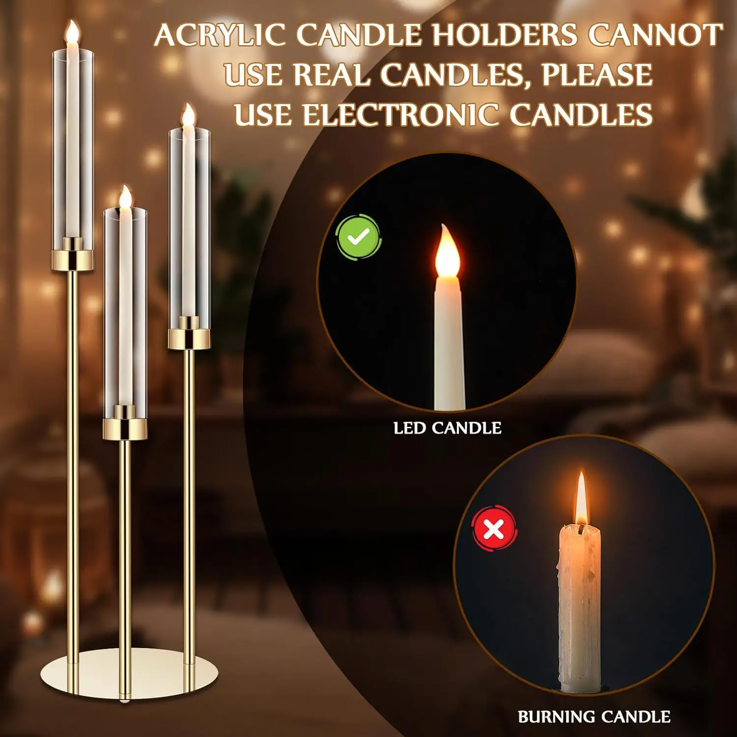 10 Set Acrylic Candelabra Centerpiece 30.7 Gold Candle Holder 3 Arm Pillar Taper Candlesticks with Acrylic   Fit 0.87 LED Candle