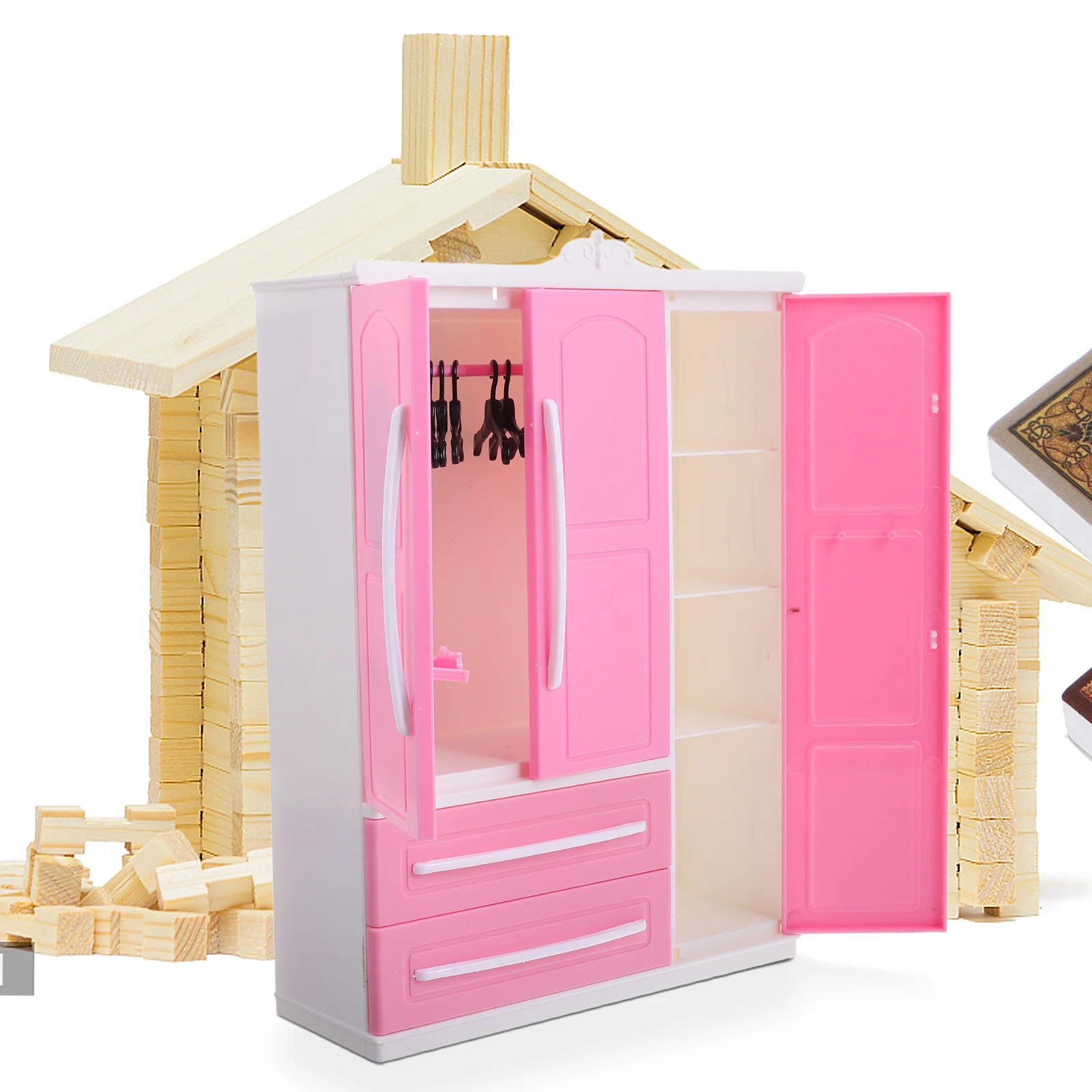 옷걸이와 선반이 있는 인형의 집용 미니어처 옷장 대용량 의류 보관함 어린이 놀이방 장식