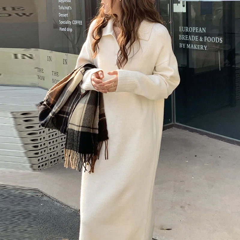 Apricot Soft Woolen Dress Women 2023 Winter Fall Turn-down Collar Loose Sweater Dresses Ladies Full-sleeve Korean Knit Clothing