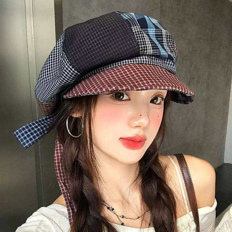 Niche Retro Contrast Splicing Octagonal Berets for Women Spring Autumn Travel Versatile Show Face Small Literary Painter Hats