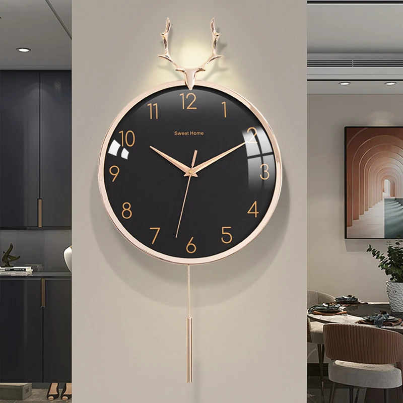 Brass Wall Clock Aesthetic Copper Deer Living Dining Room Restaurant Home Wall Decorations Bedroom Clocks Watch With Pendulum