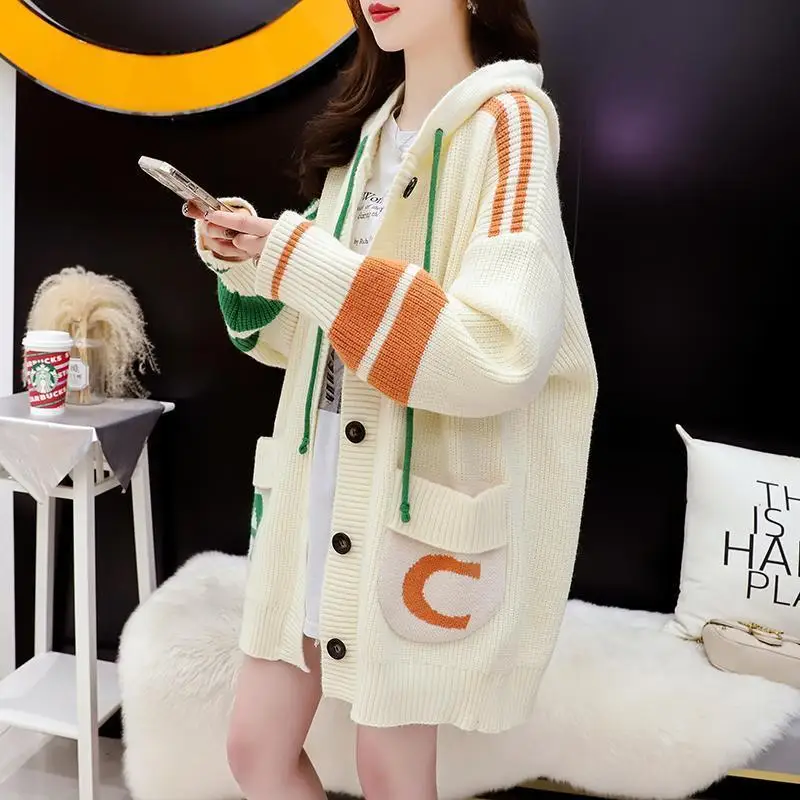 Lazy Style Hooded Sweater Cardigan Women\'s Mid Length Korean Version 2023 New Loose Knit Jacket Winter Clothes Women Sweater