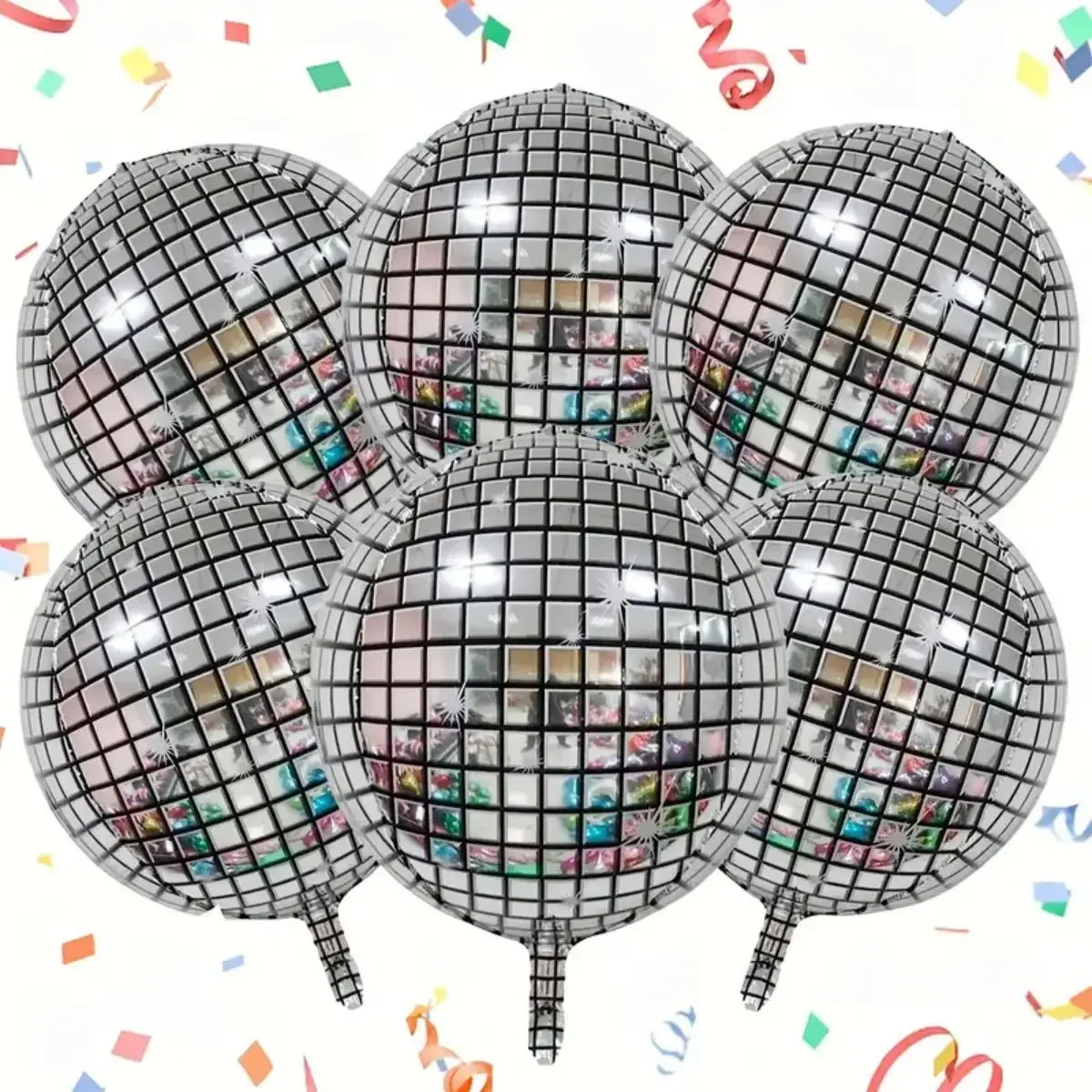 6 Pcs Disco Foil Balloons Aluminum Mylar Balloons 4D Disco Party Balloons Silver Metallic Mirror Disco Balloon Party Supplies