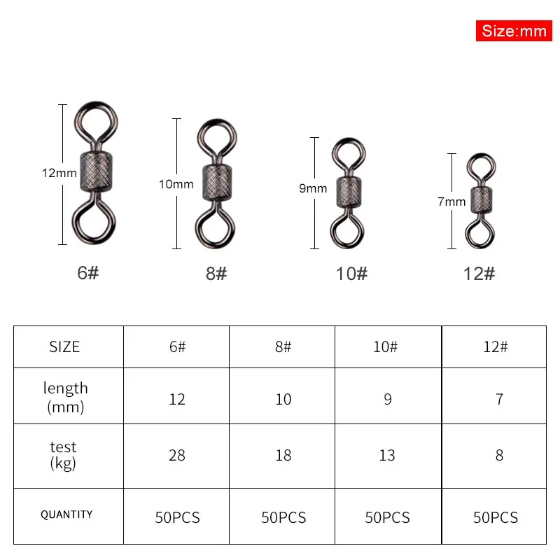 MEREDITH Fishing Swivels Ball Bearing Swivel 50PCS/Lot with Safety Snap Solid Rings Rolling Swivel for Carp Fishing Accessories