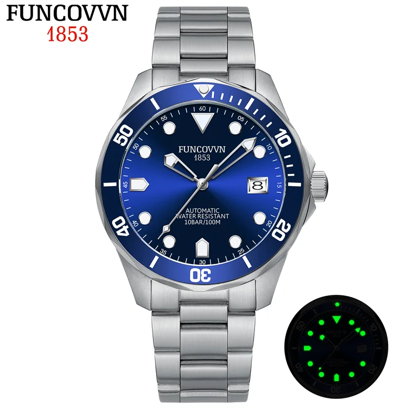 FUNCOVVN Automatic Mechanical Watch Japan NH35 Stainless Steel Sport Watch Sapphire Luminous 10Bar Waterproof for Men Relogio