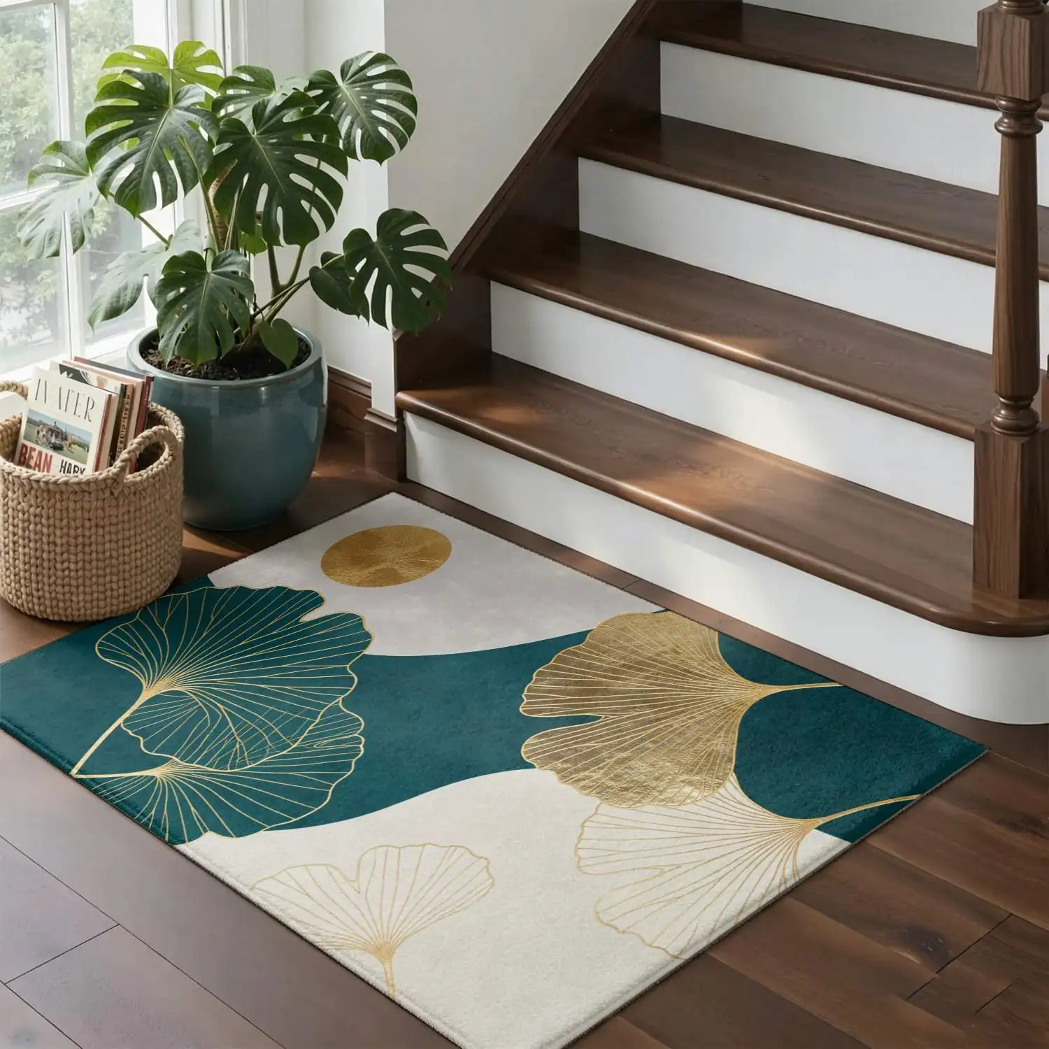 1Pc 2D Printed Carpet: Dark Green & Gold Ginkgo Leaf Pattern, Modern Minimalist Nordic Geometric Art Rug, Home Decor, Multi-Size, Machine Washable, Ideal for Entryway, Dining Room, Foyer, Living Room, Bedroom
