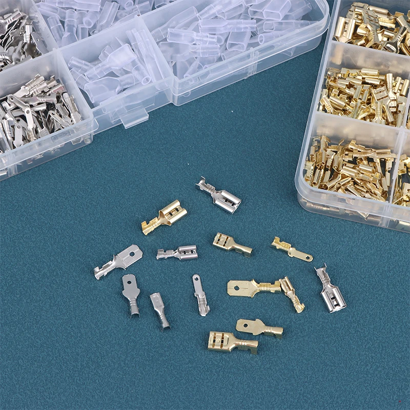 Boxed 2.8/4.8/6.3mm Spade Crimp Terminals Male Female Wire Connector Electrical Terminals Assorted Kit Lightweight Gold/Sliver