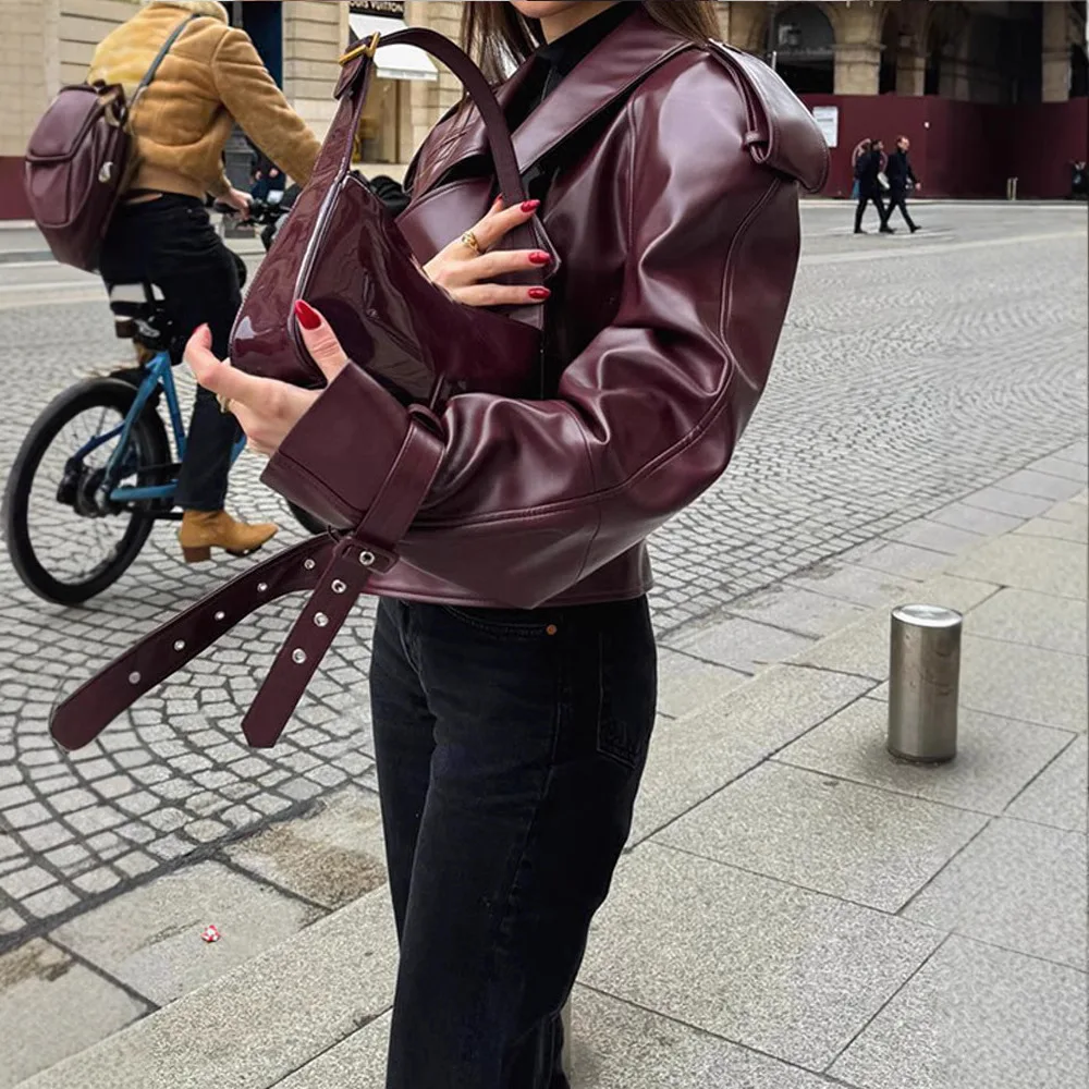 

Autumn and Winter Wine Red PU Lapel Women's Leather Jacket European and American Adjustable Cuffs, Retro Motorcycle Jacket