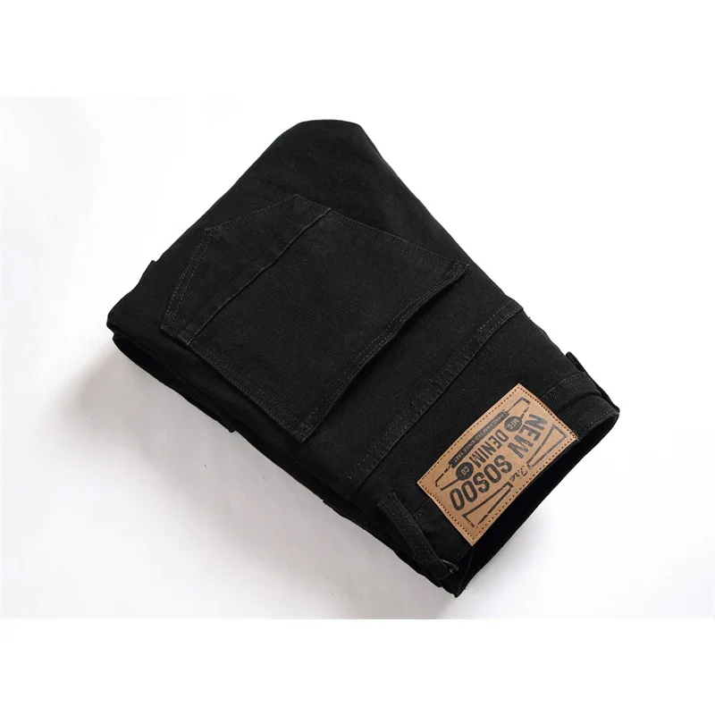 Black Personalized Jeans Men's Street Printing Japanese Style Trendy Workwear Multi-Pocket Slim Fit Patchwork Skinny Pants