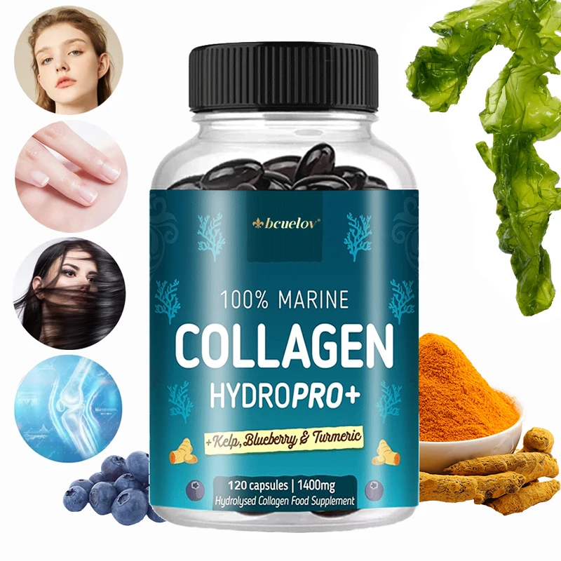 Hydrolyzed Marine Collagen - Contains Kelp, Turmeric and Blueberry for Joints, Hair, Skin, Nails, Cartilage and Overall Health